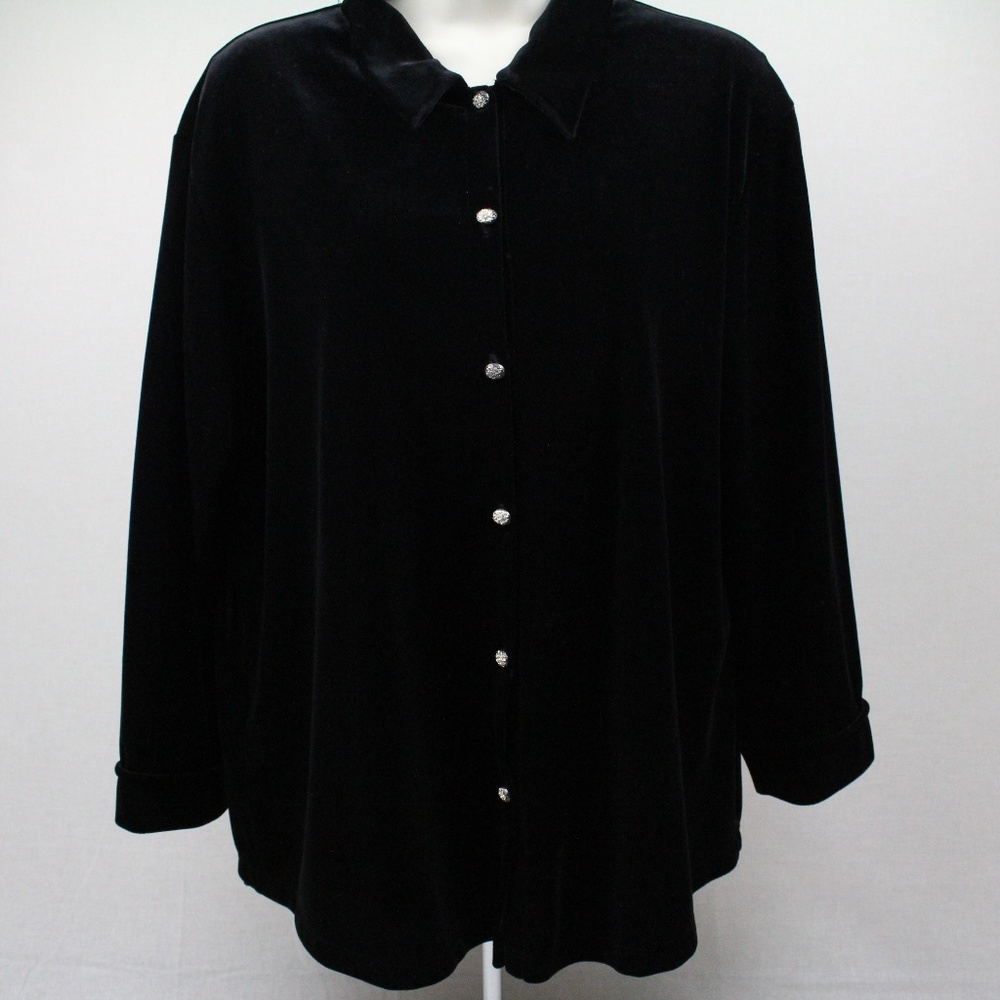 Black Velvet Button Up Blouse Petite Size Large